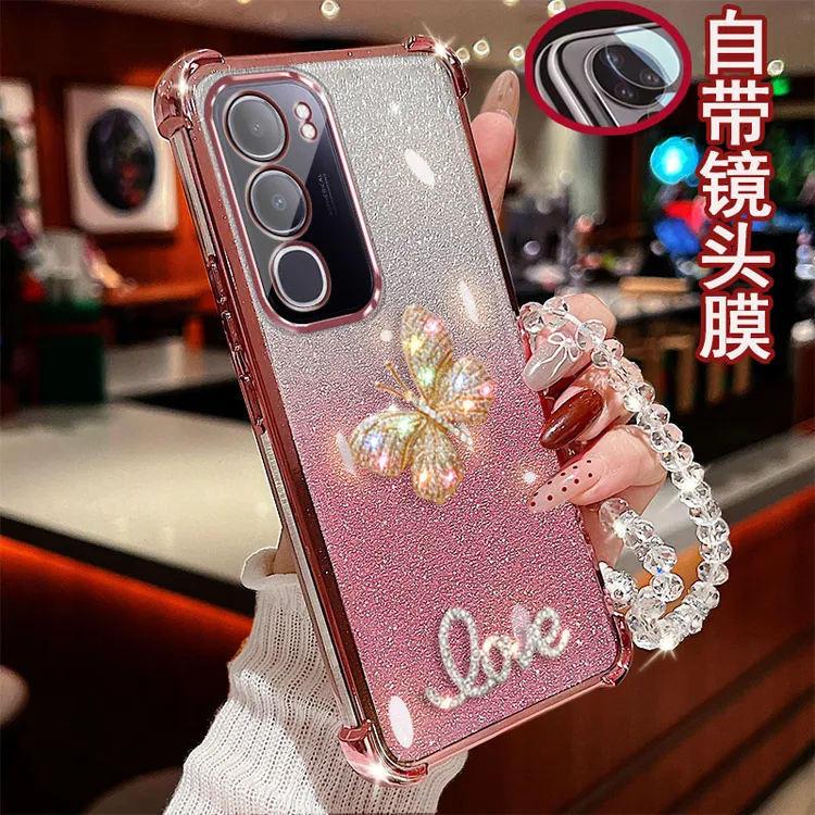 适用于vivo Y50手机壳v2443a镜头全包边5G镶钻蝴蝶气囊防摔保护套