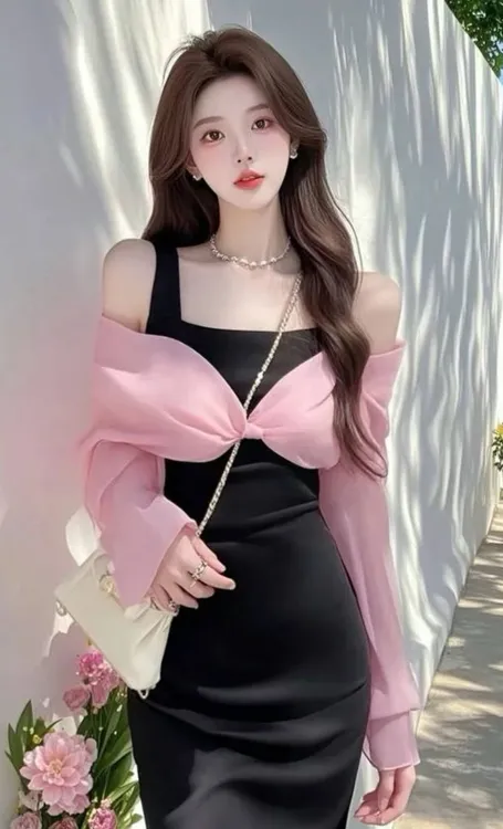 2025年春季爆款富家千金高级感小众独特气质收腰粉色假两件连衣裙