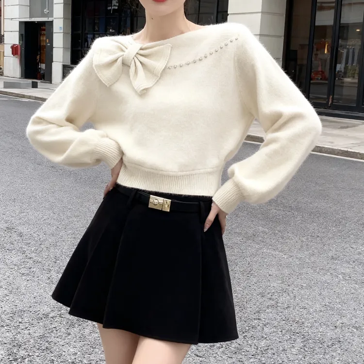 气质设计感蝴蝶结长袖针织衫女秋冬季2025新款时尚百搭网红打底衫