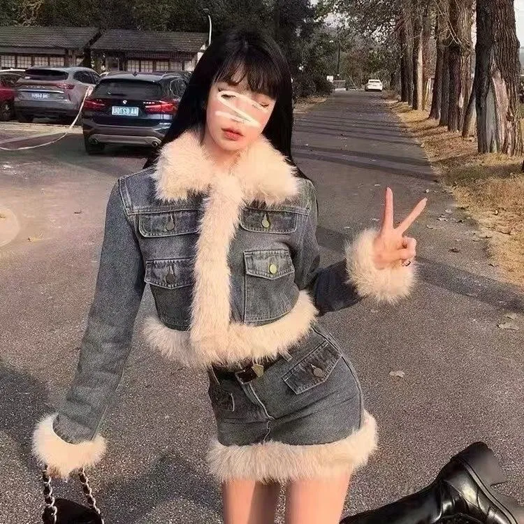 秋冬新款小香风毛毛牛仔套装女复古气质甜辣妹夹棉加厚外套半身裙