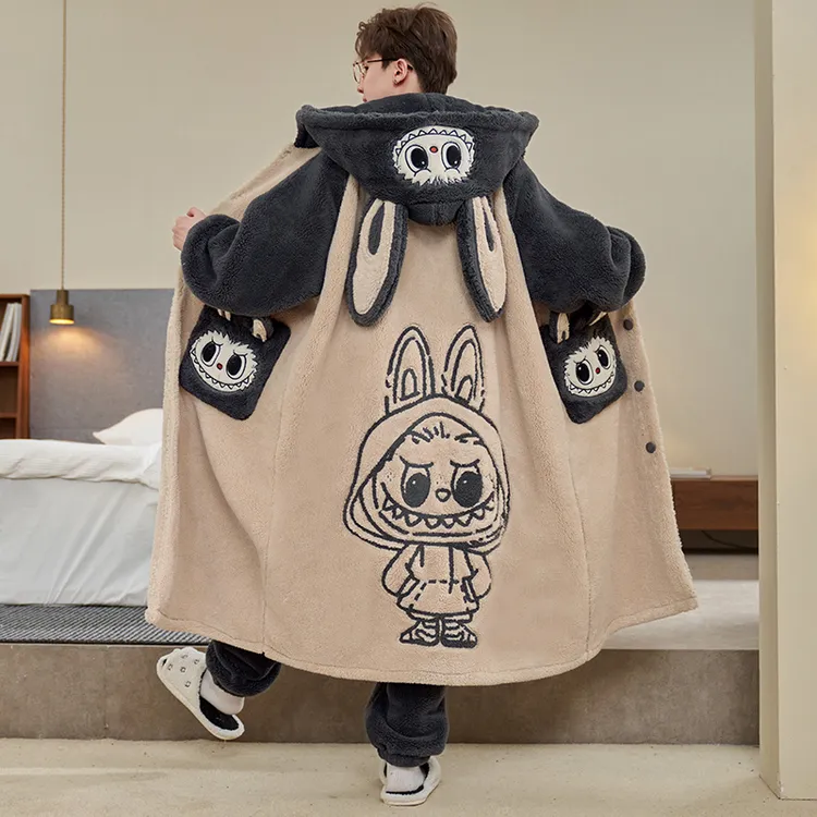 秋冬款男士珊瑚绒保暖睡衣加绒加厚青少年卡通大码睡袍家居服套装