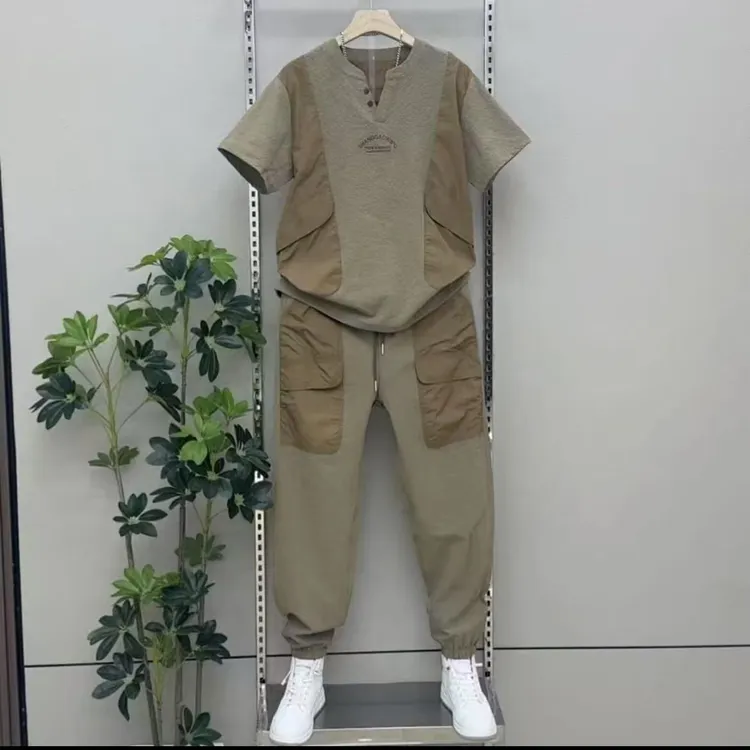 夏季潮牌气泡棉拼接圆领休闲套装男户外百搭工装风短袖两件套