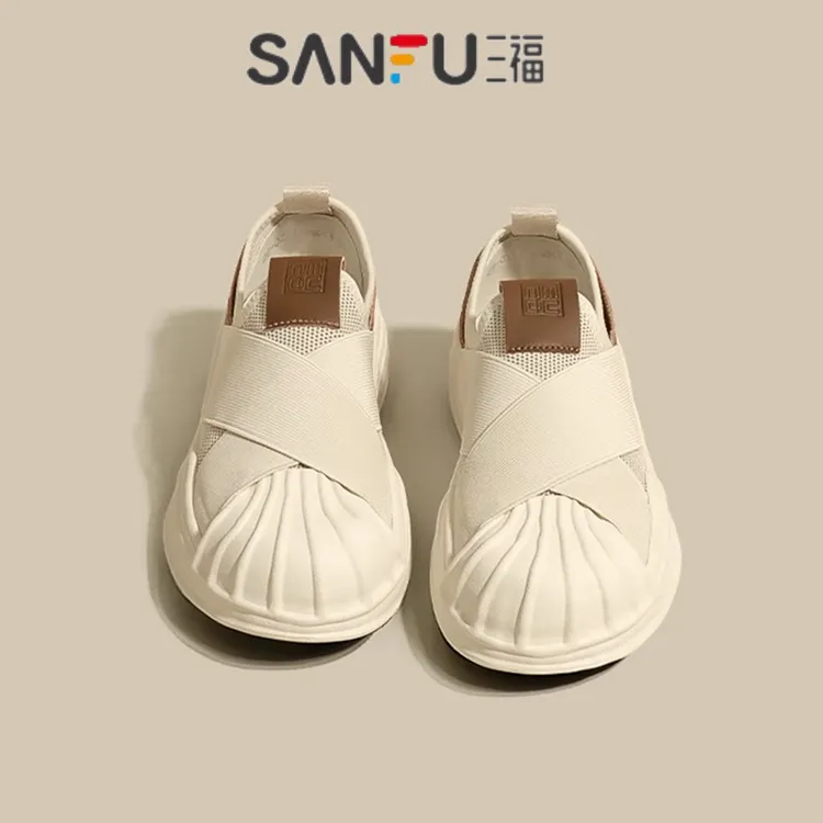 三福厚底贝壳头溶解帆布鞋小白鞋板鞋女2025新款一脚蹬休闲百搭