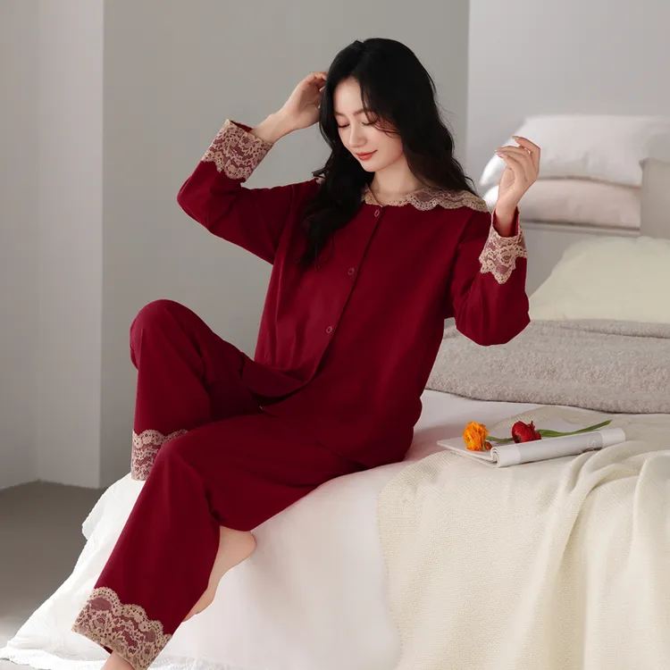 睡衣女款爆款2025新款套装纯棉春秋女士大码红色酒红本命年家居服