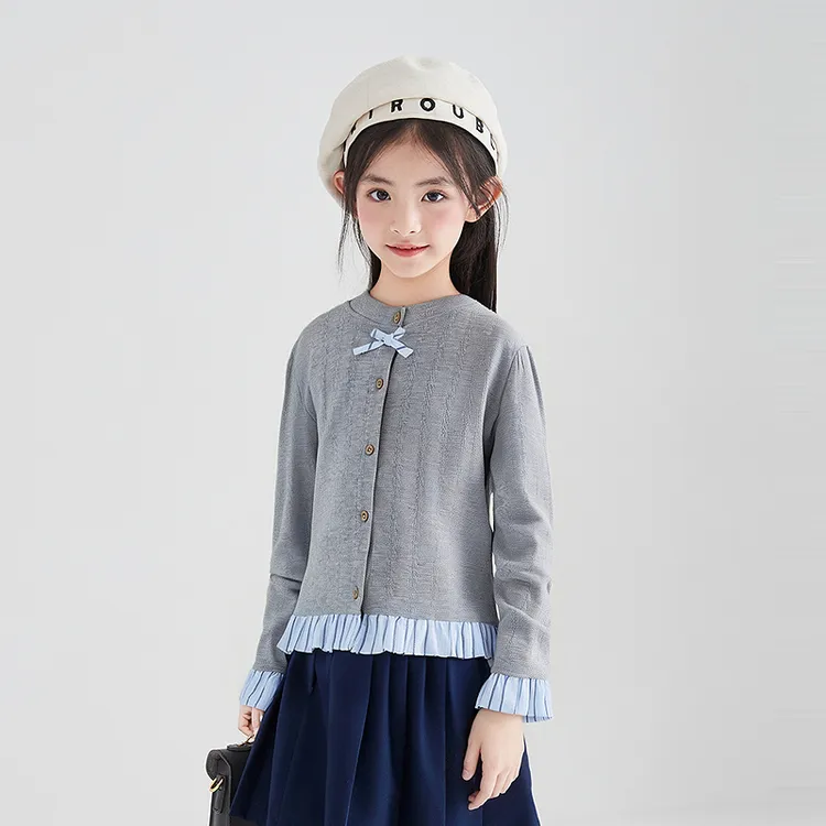 笛莎童装女童外套25春秋新款中童女孩儿童洋气复古针织假两件外套