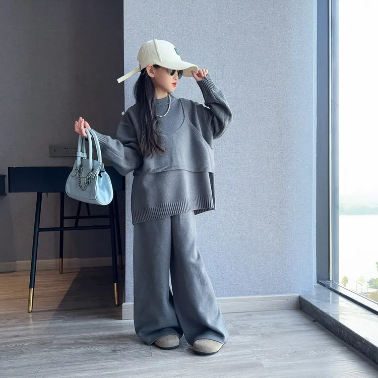 女童毛衣套装2025新款女孩春秋大童韩系穿搭洋气女童装针织三件套