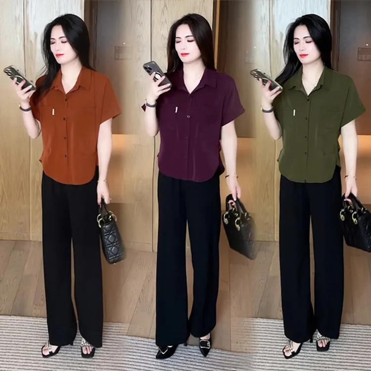 夏季穿搭衬衫休闲时尚洋气气质显瘦减龄短袖上衣小个子网红高腰