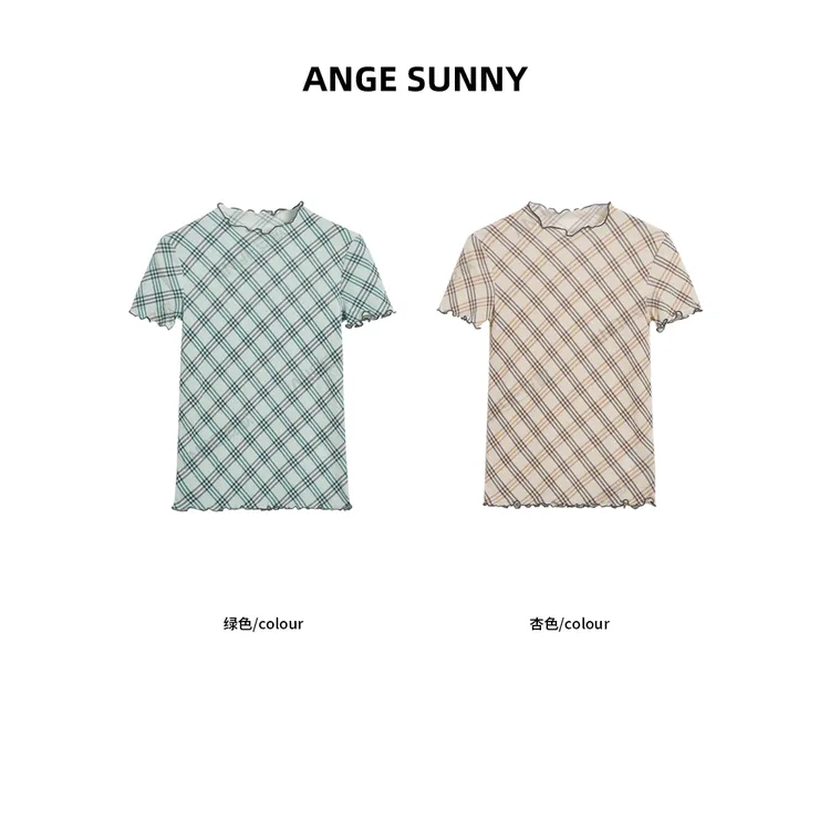 ANGE SUNNY【张婧仪同款 格纹T恤】格子撞色木耳领短袖T恤