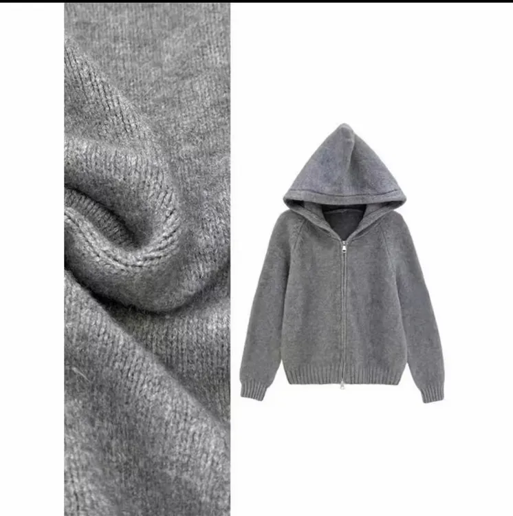 韩系双链接设计感纯色连帽针织开衫女简约高品质新款开衫