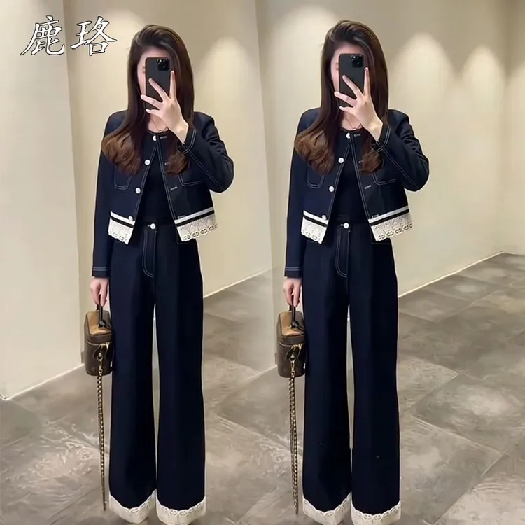 网红爆款时尚两件套女2025春季新款小个子气质蕾丝拼接上衣阔腿裤