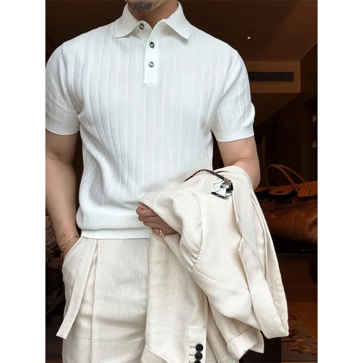 商务男士翻领针织冰丝短袖T恤衫男款简约休闲百搭竖条Polo衫上衣