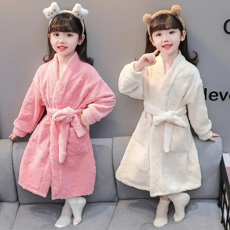 珊瑚绒儿童睡袍宝宝可穿式浴巾连帽睡衣女孩秋冬款女童法兰绒浴袍