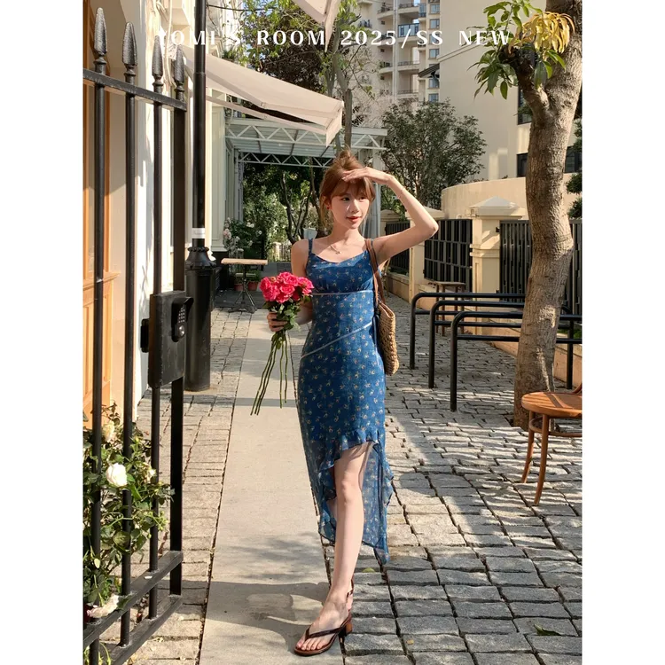 YOMI定制【梵高艺术】网纱碎花蓝色连衣裙收腰显瘦度假春夏季欧若风