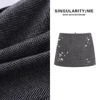 Singularity Me 2A 1209 【布拉安妮】人字纹珠片绣A字版西装短裙