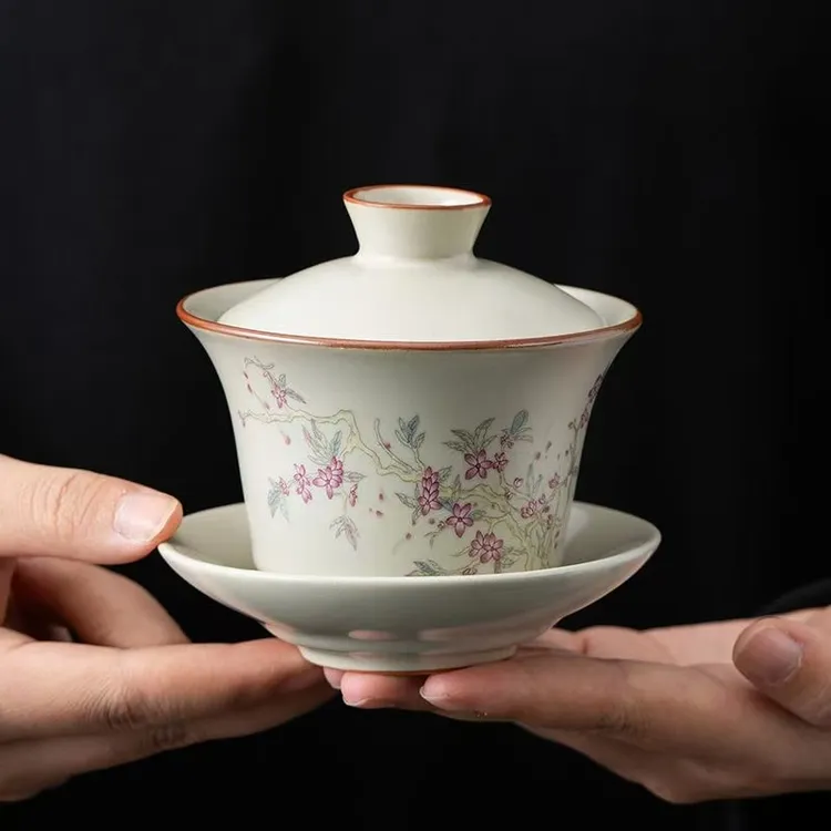 米黄汝窑家用可养开片功夫茶具汝窑三才盖碗茶杯茶盖碗白瓷可悬停