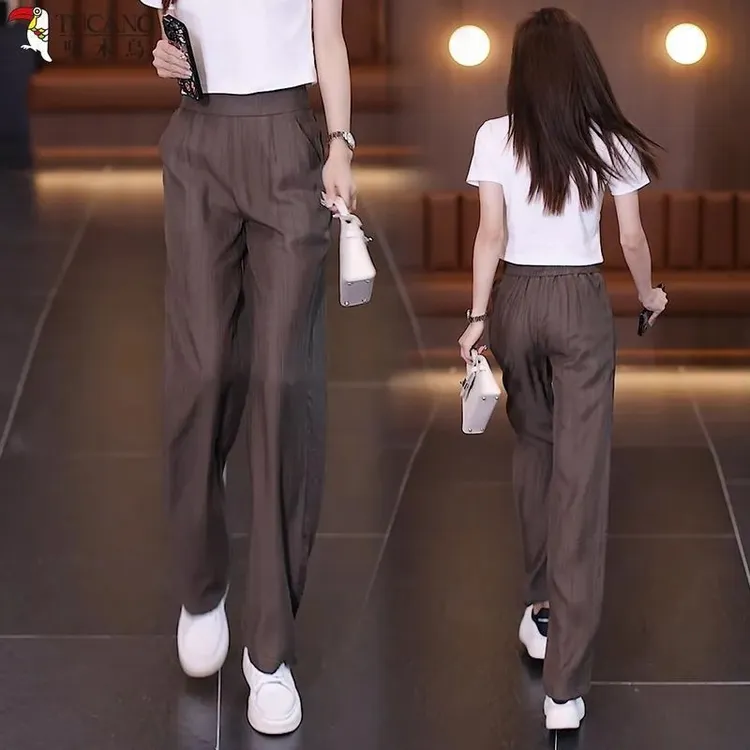 女裤窄版夏季九分高腰薄款阔腿裤轻奢垂感冰丝直筒裤长裤休闲
