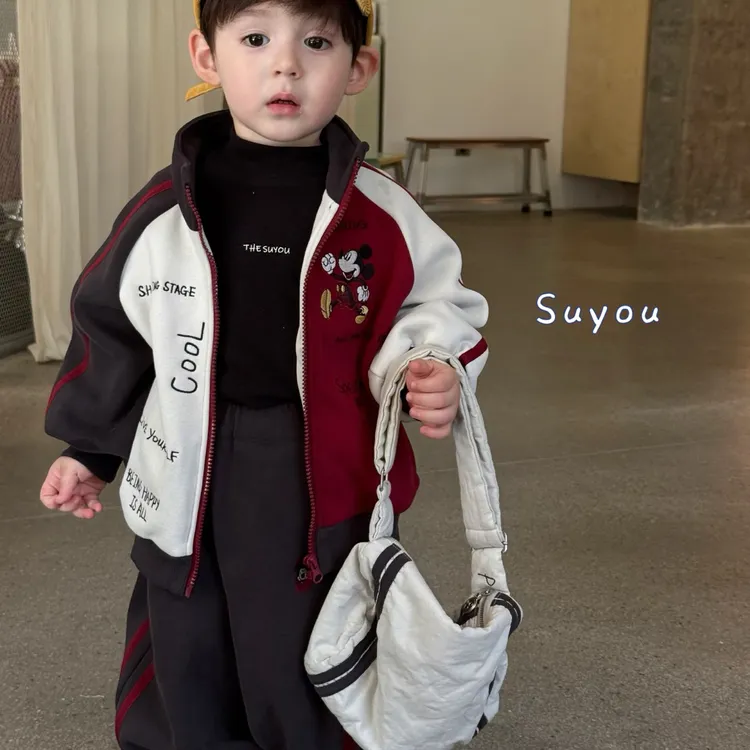 苏右 2025秋冬新款男童小童韩版米奇一体绒卫衣卫裤套装两件套潮