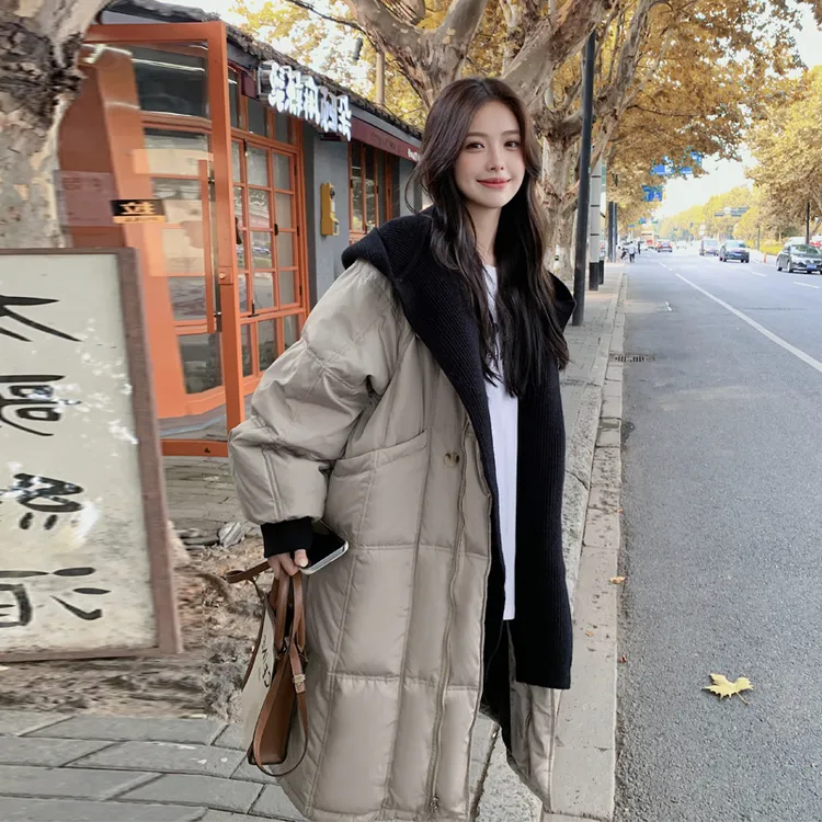 针织拼接羽绒服女2025冬季新款超好看小众设计假两件白鸭绒面包服