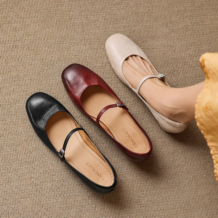 头层牛皮2cm～复古圆头浅口单鞋粗跟百搭新款玛丽珍单鞋女新款时尚