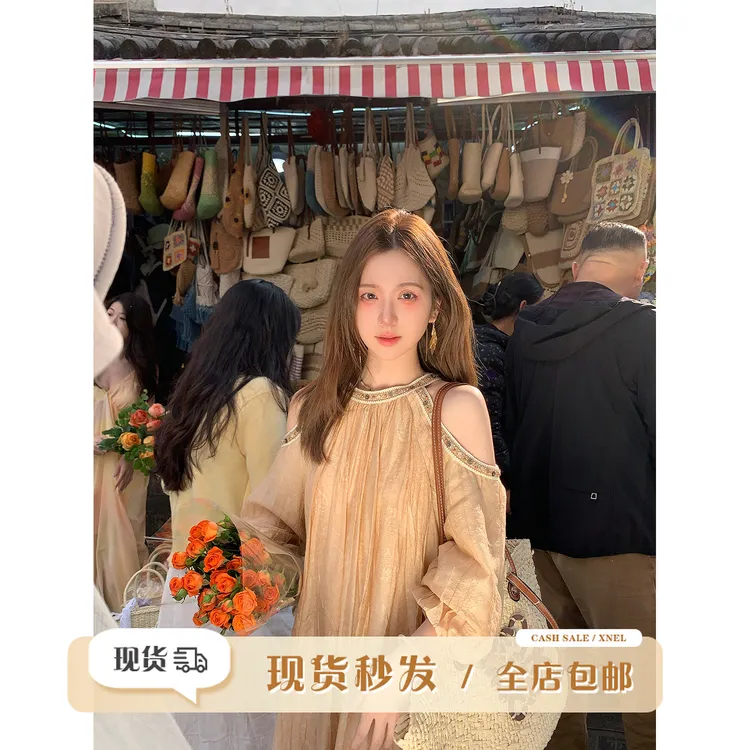 陳文文xenl【诗笺画意】夏季波西米亚露肩挂脖显瘦气质连衣裙L9928