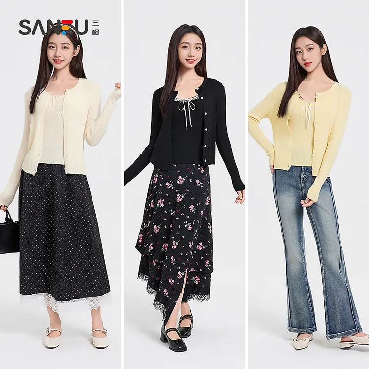 三福时尚毛织套装2025春季蝴蝶结装饰吊带披肩两件套女装500232