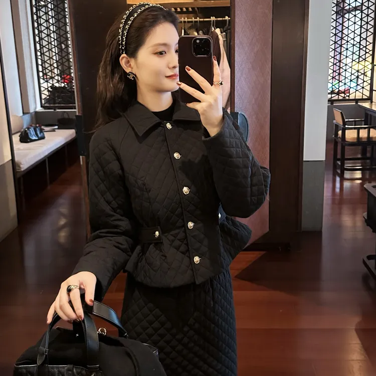 J313437M长袖外套韩版POLO领外套棉服短款黑色棉衣半身裙时尚套装