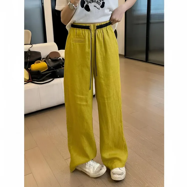 撞色高腰宽松显瘦长裤休闲百搭春夏季新款胖mm时尚直筒显瘦裤子