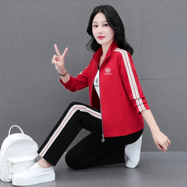 洋气长袖显瘦休闲运动套装卫衣春韩版宽松大码立领减龄时尚三件套