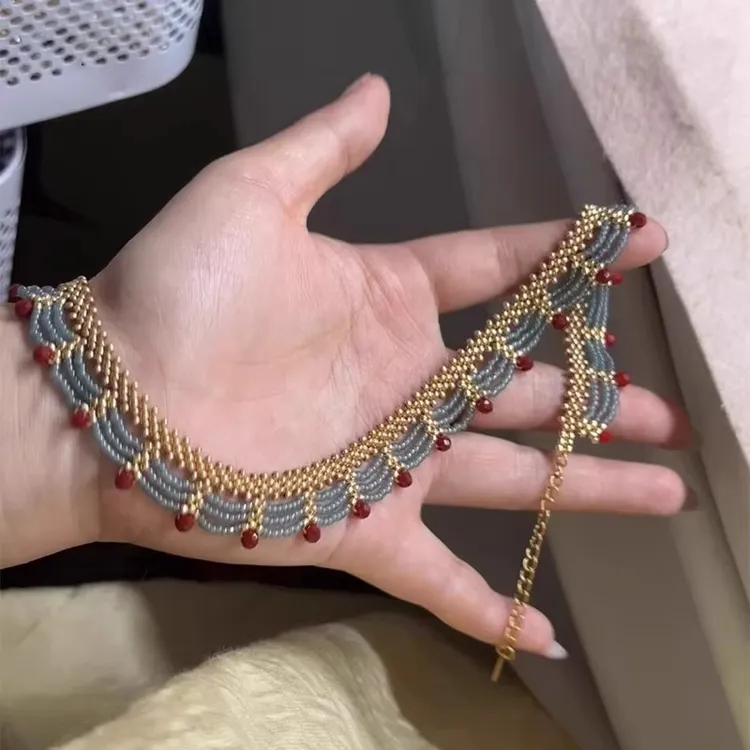 铜合金项链 多层蕾丝红蓝撞色串珠项链女轻奢小众锁骨链ins小饰品