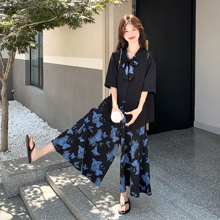 大方得体穿搭复古套装女2025夏季新款黑色衬衫印花阔腿裤两件套潮