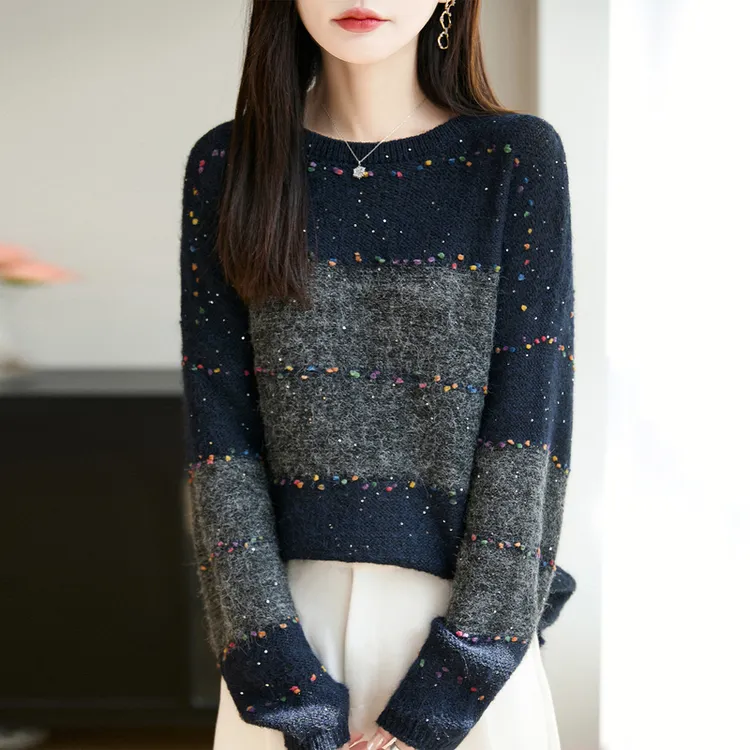 哥弟阿玛施正品拼色亮片圆领宽松针织衫秋季新款法式休闲时尚洋气