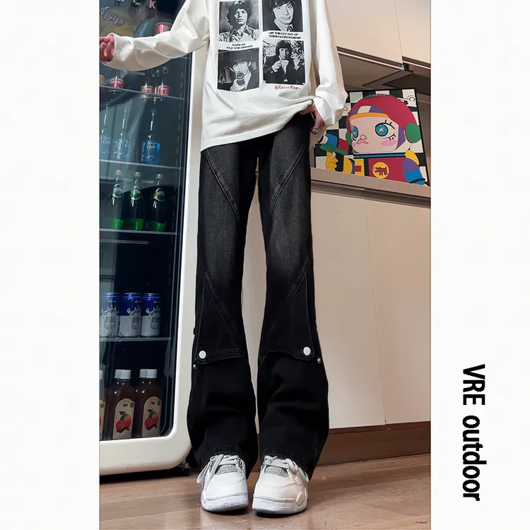 美式解构排扣牛仔裤拼接工装潮男高级感百搭裤子直筒修身微喇叭裤