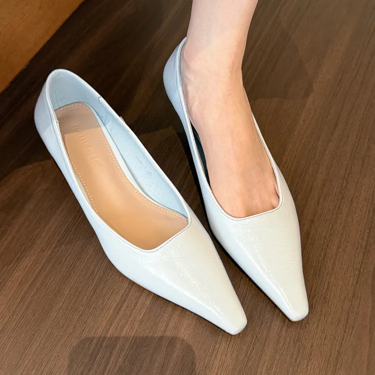 elingstudio 一池暮蓝！尖头浅口软皮单鞋女春季2025新款低细跟鞋