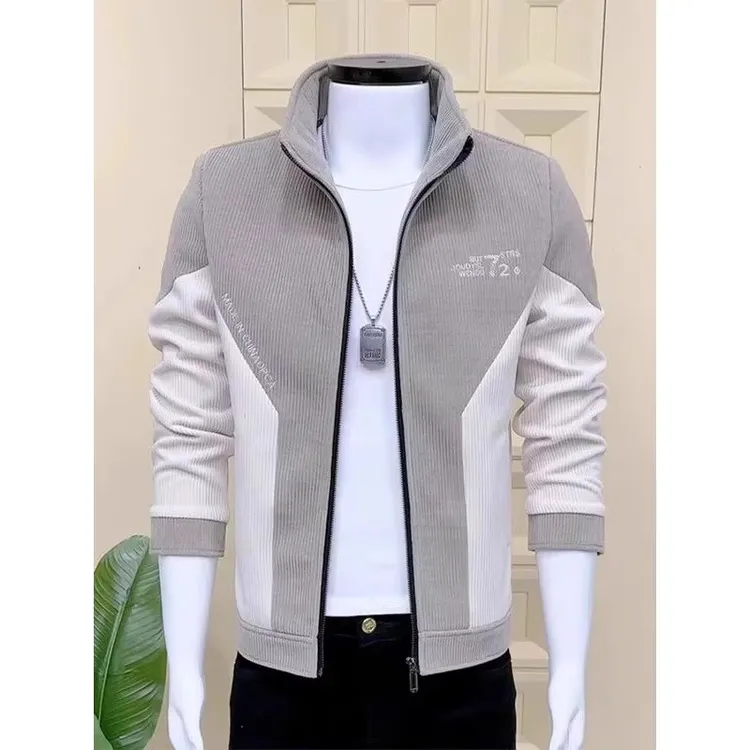 2025春秋新款男士夹克韩版修身立领拼年轻人冬季加绒皮夹克