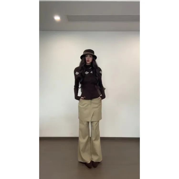 棕色高领菱格披肩斗篷针织衫女修身内搭假两件叠穿拼接宽松阔腿裤