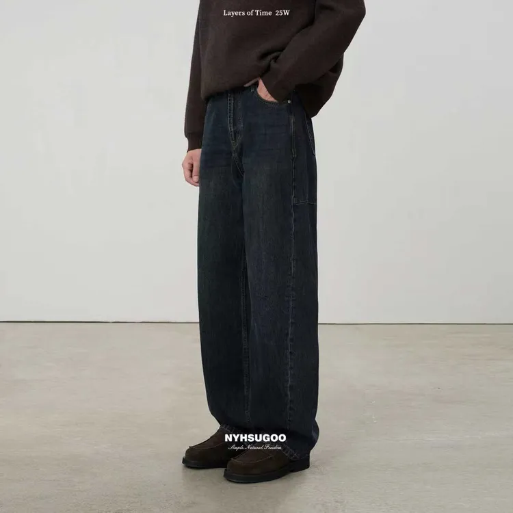 NYHSUGOO/南乙秋季90%棉质无弹炒盐砂洗牛仔裤微弯刀3843男士长裤