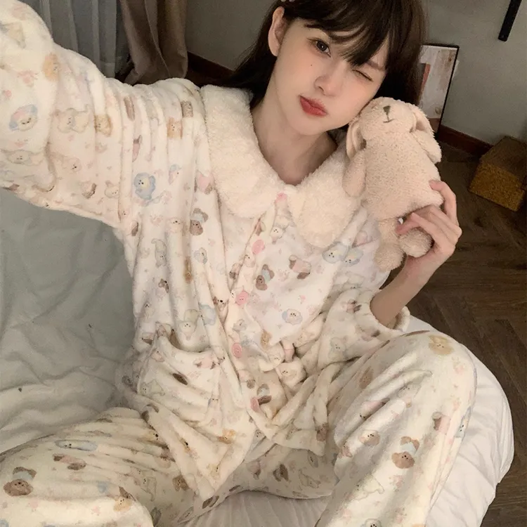 泡芙小狗毛绒绒睡衣少女款秋冬季法兰绒娃娃领可爱保暖家居服套装