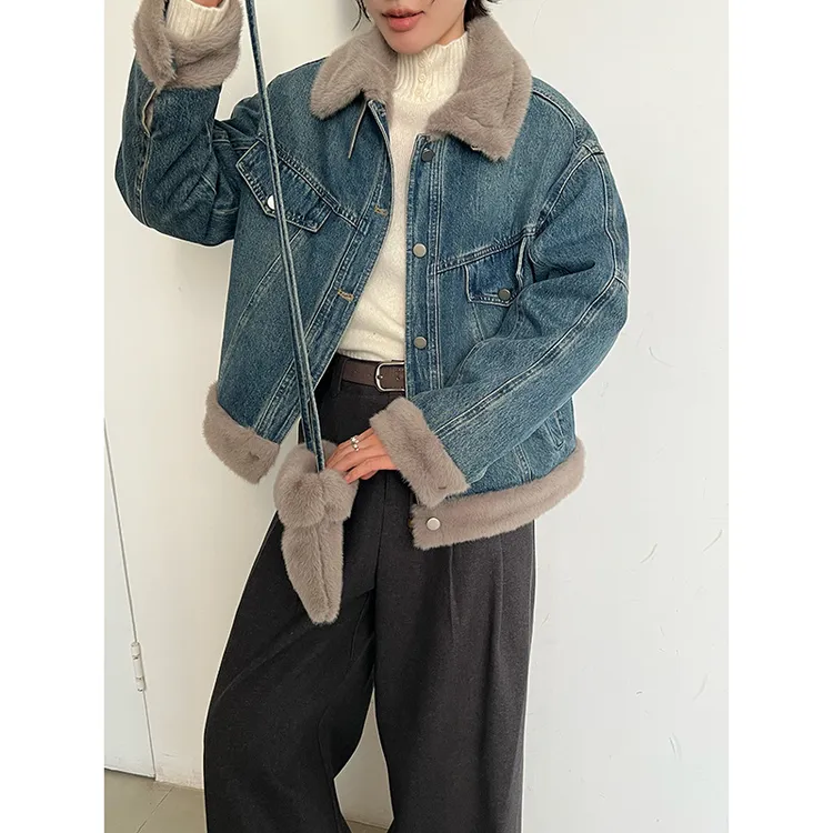 MMC牛仔外套女冬季新款加绒加厚宽松显瘦复古拼接短款夹克 配包包