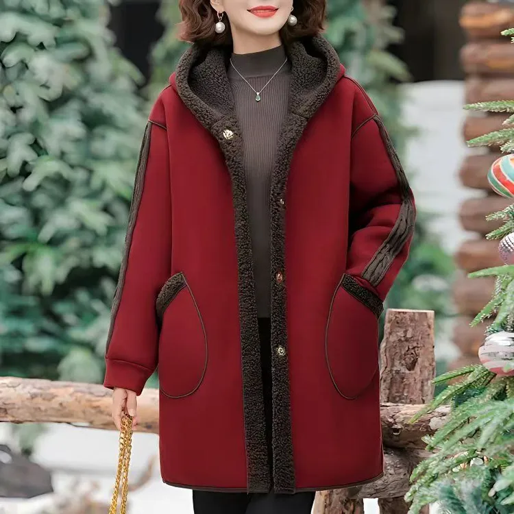 中年妈妈冬装加绒加厚外套2025新款颗粒绒女装连帽服两面服大衣