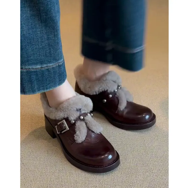 羊皮版~英伦风厚底乐福鞋女皮带扣加绒百搭粗跟小皮鞋毛毛单鞋