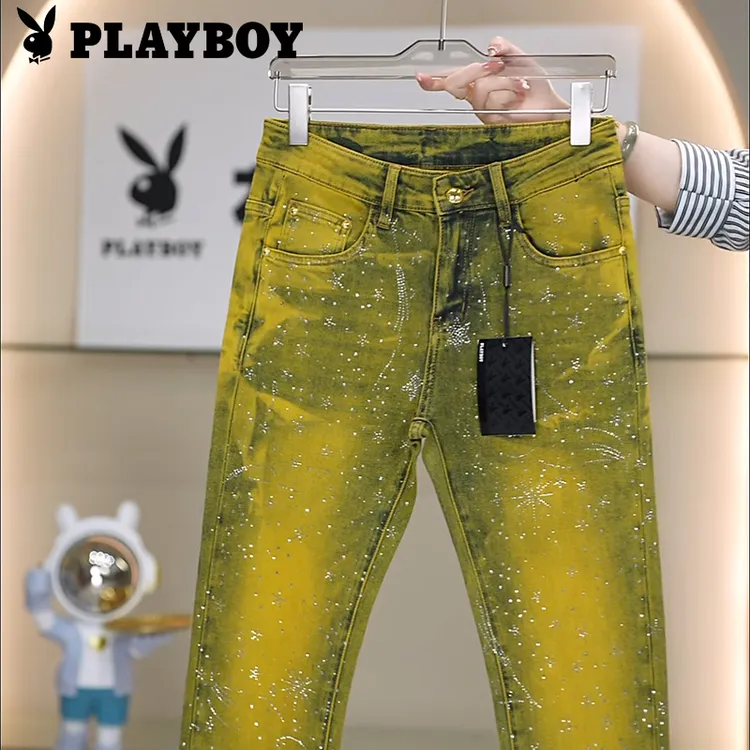 PLAYBOY/花花公子夏季新款烫钻男士薄款修身显高显瘦小直筒牛仔裤