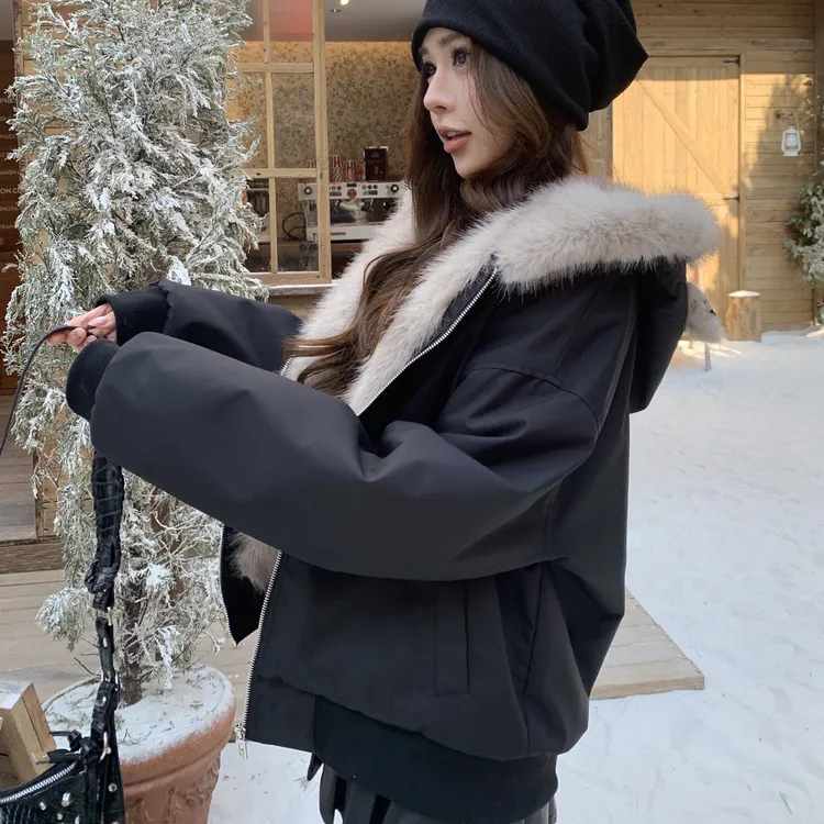 美式座山雕猫耳朵毛领内里加绒男女同款宽松百搭收腰大毛领棉服