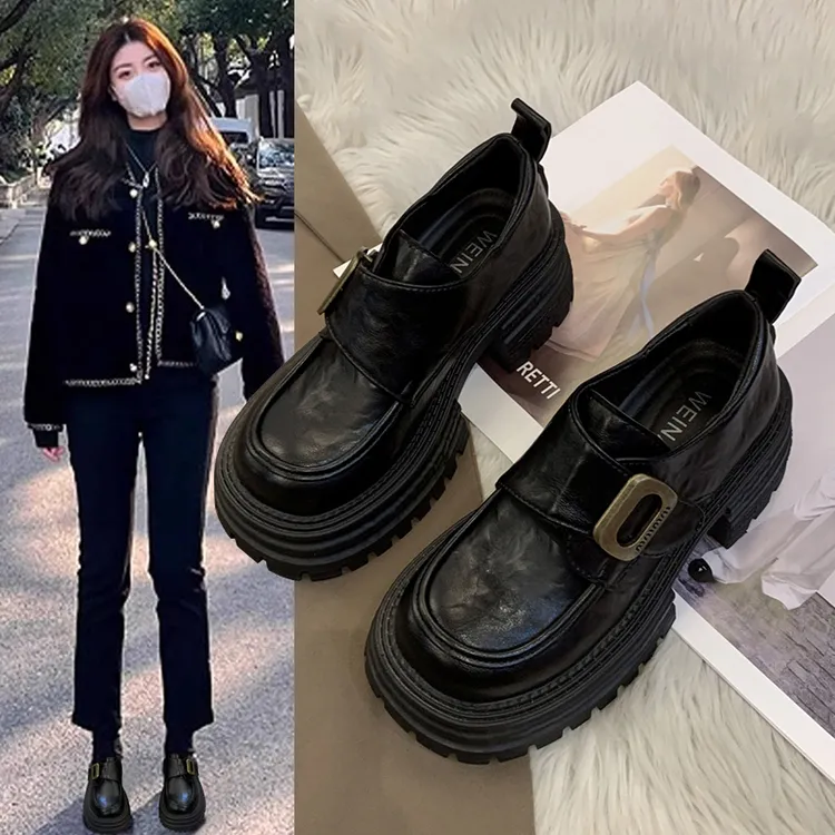 厚底粗跟英伦风小皮鞋女2025新款春秋百搭增高女鞋单鞋黑色乐福鞋