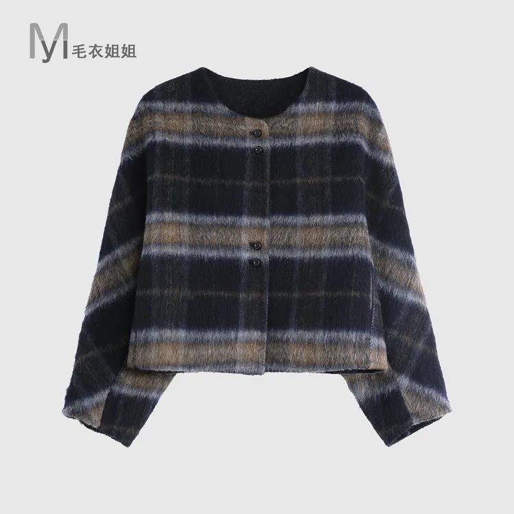 新款圆领小香风格子双面呢毛呢外套女5180-5323