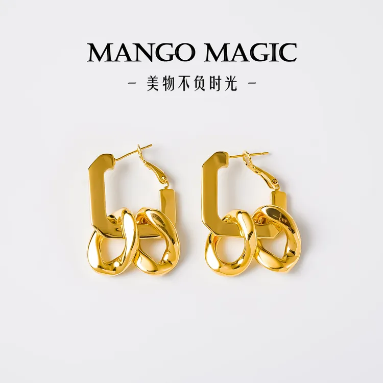 铜合金耳饰 欧美时尚几何美学小众金色冷淡风链条组合耳环4346