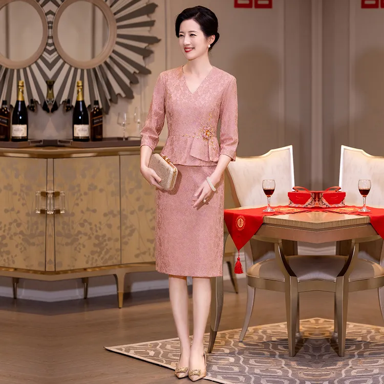 春秋高贵气质喜婆婆婚礼蕾丝中长旗袍大码妈妈修身时尚假两件礼服