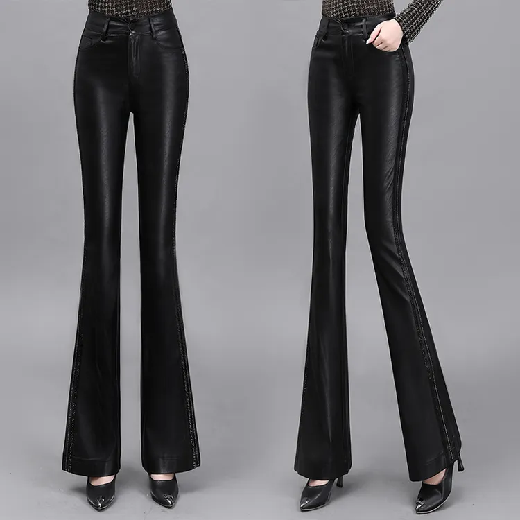 微喇叭PU皮裤2025秋冬新款黑色休闲大码女裤高腰宽松显瘦喇叭裤子