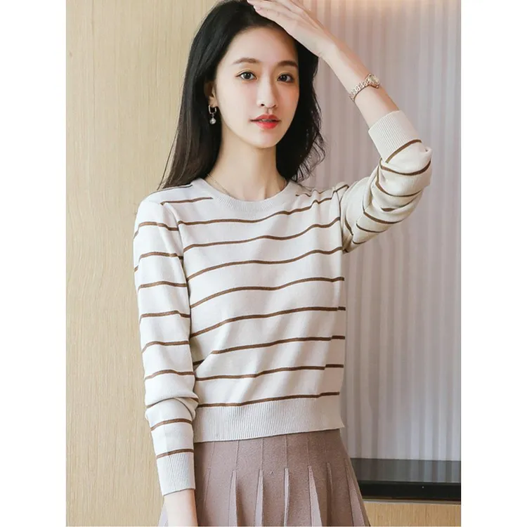 短款条纹圆领休闲长袖修身套头衫2025秋冬百搭宽松时尚打底针织衫