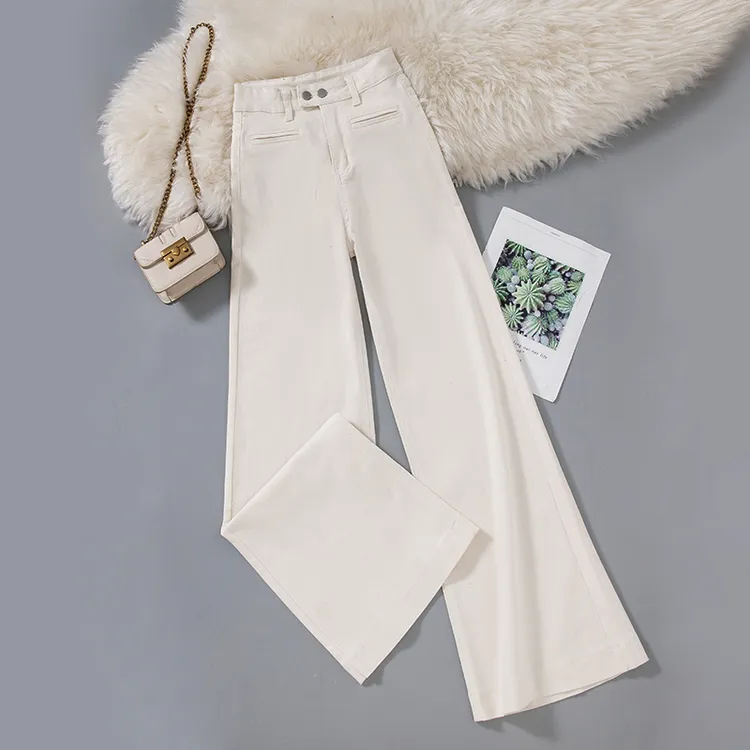 加绒/单裤秋季新款米白色高腰阔微喇牛仔裤女弹力宽松显瘦裤9788