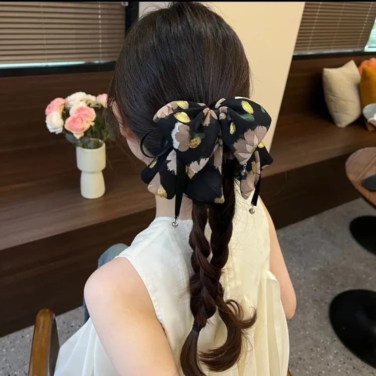 新款蝴蝶结飘带碎花半扎发抓夹高级感显发量马尾夹子发卡鲨鱼夹子
